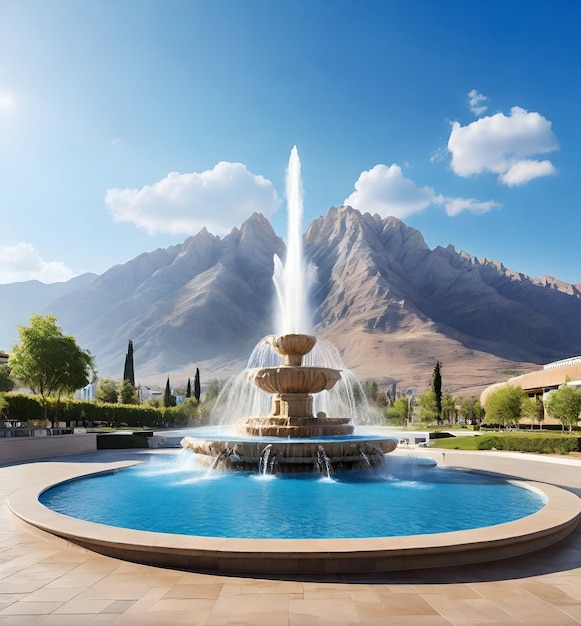 Big Fountain with Mountain and Blue Water Premium Photo Featuring Modern Floor Tiles