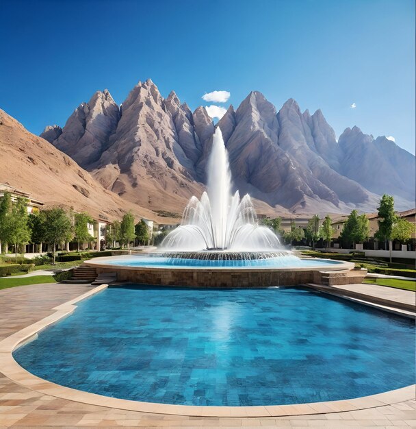 Photo big fountain with mountain and blue water premium photo featuring modern floor tiles