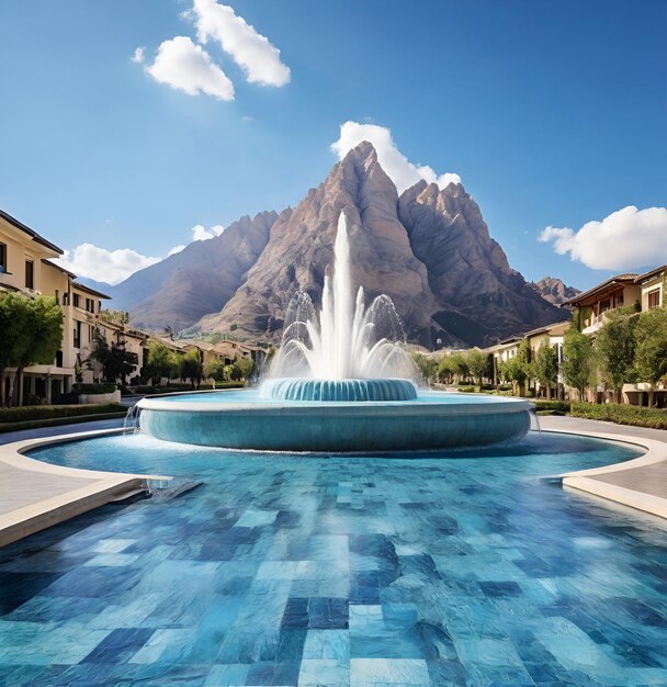 Big Fountain with Mountain and Blue Water Premium Photo Featuring Modern Floor Tiles