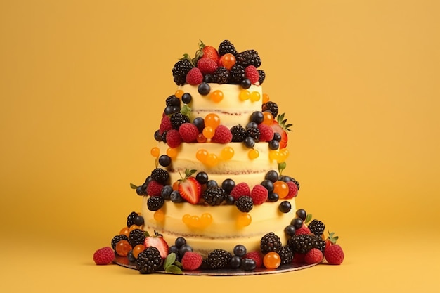 Big fruity chocolate cake on a yellow background Homemade cakes