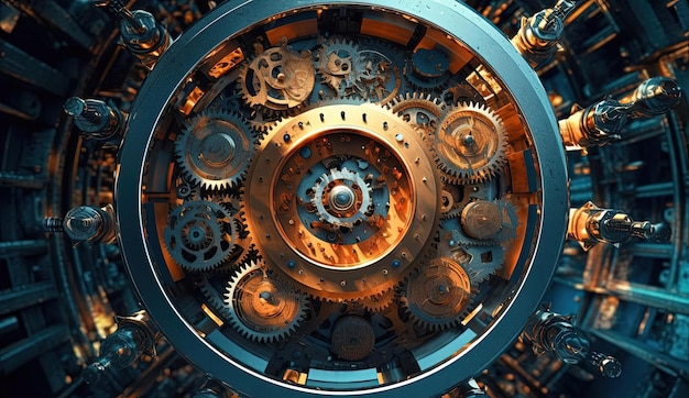 a big gear wheel is shown against a dark background