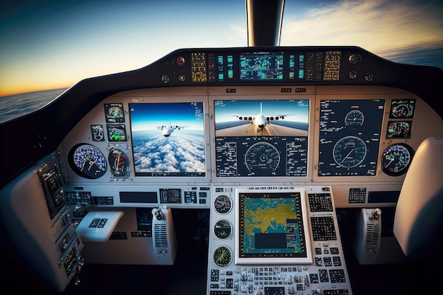 Big glass screen in modern uptodate airplane cockpit