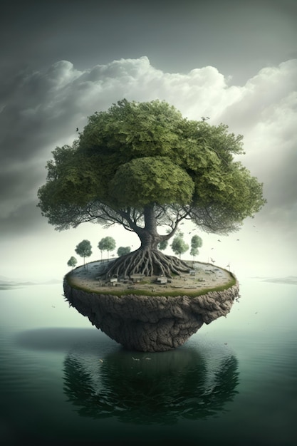 Big Green Oak Tree on Floating Island - AI Generated Image