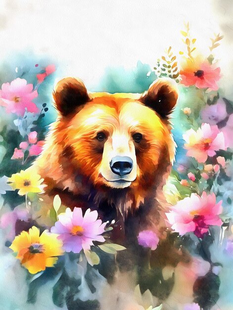 Big grizzly bear muzzle with flowers watercolor painting AI generated