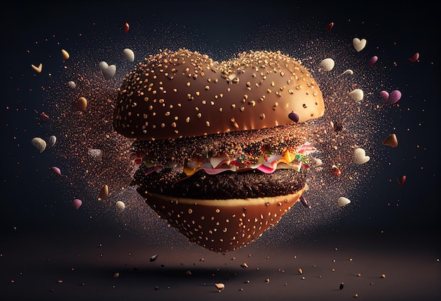 Big hamburger with flying hearts Concept of love 3d rendering generative ai