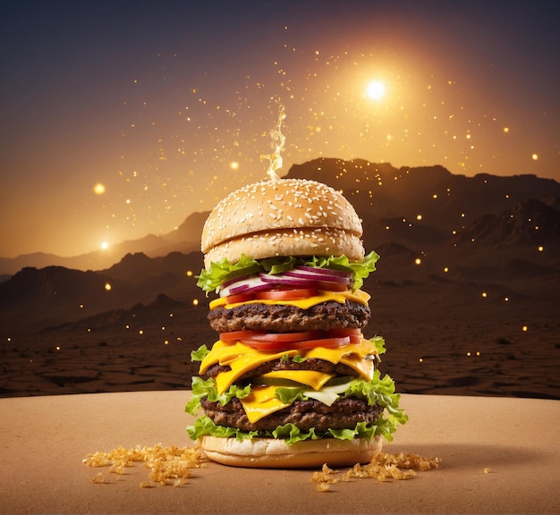 Big hamburger with flying ingredients on desert background 3d rendering