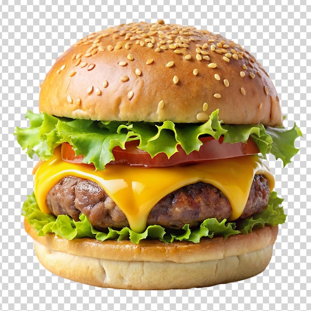 A big hamburger with lettuce tomato and cheese on transparent background