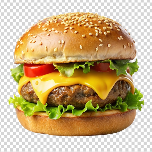 A big hamburger with lettuce tomato and cheese on transparent background