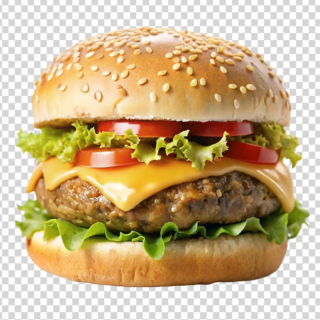 A big hamburger with lettuce tomato and cheese on transparent background