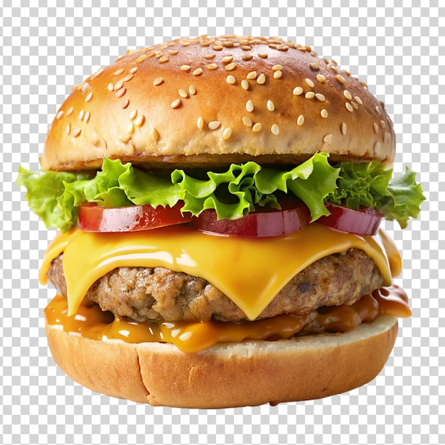 A big hamburger with lettuce tomato and cheese on transparent background