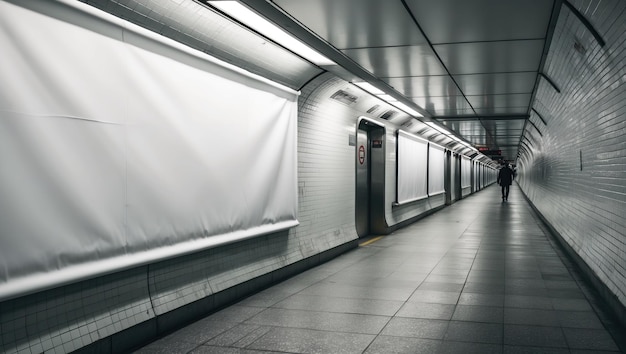 Photo big horizontal empty white banner showcases potential for advertising in corridor