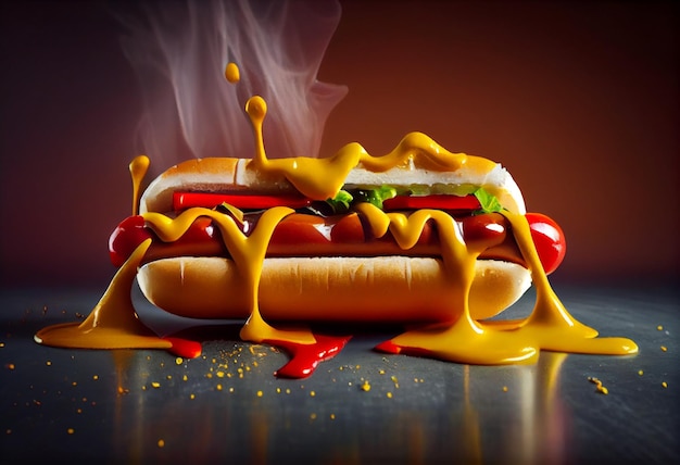 Big hotdog with sausage tomatoes mustard isolated on black background Top view AI Generated