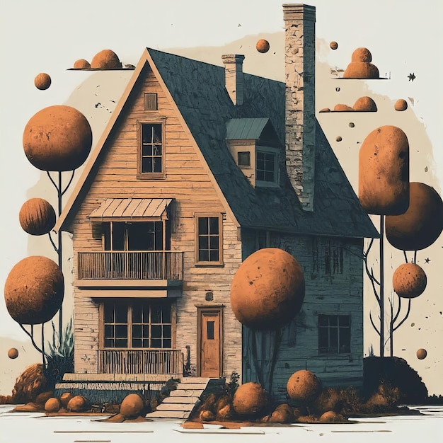 a big house with a small tree in the middle aged high quality illustration