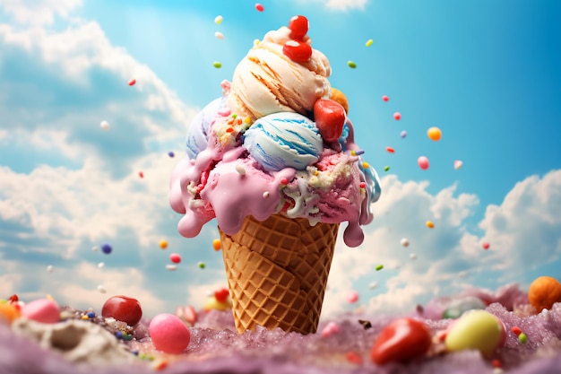 Big ice cream on the background of the sky Pink blue and yellow colors in the ice cream Splashes