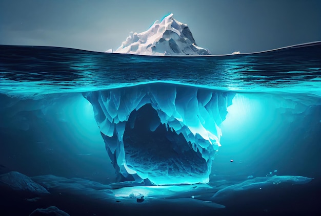 Big iceberg over the blue sea surface background Landscape and business metaphor concept Digital art illustration theme Generative AI