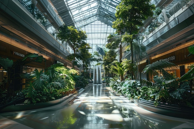 Big inner space of a shopping mall with modern style architecture and a glass atrium