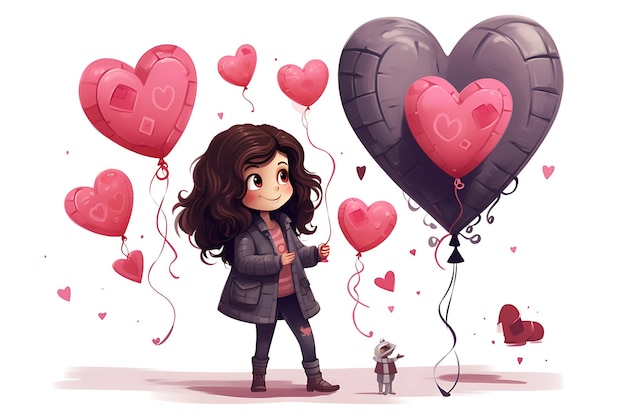 Photo big isolated cartoon of happy young girl in love