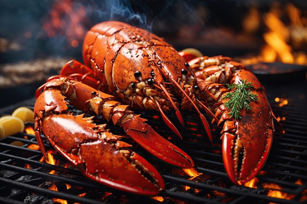 big lobster barbeucue Seafood grilled lobstershrimp pawn on fire fresh seafood barbeque grill grab