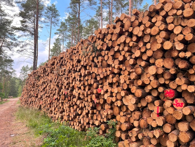 Big logs of wood are prepared in a sawmill for the production of furniture and lumberwood Ecological Damage