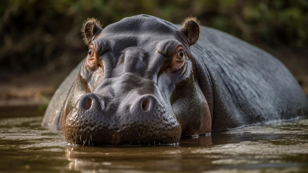 Big and lumbering hippopotamus wallowing in water AI generated