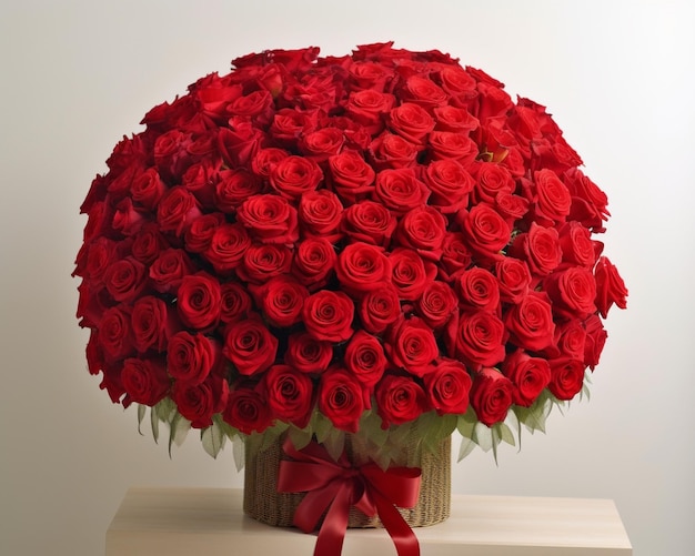 Big luxury bright bouquet on wooden table One hundred of garden red roses Color pass Generative AI