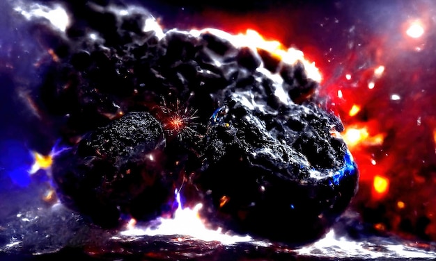 Big meteorite fall on planet Meteorite Explosion of sparks and fire Blast wave of big bang from collision of meteorite Black galaxy background 3d render