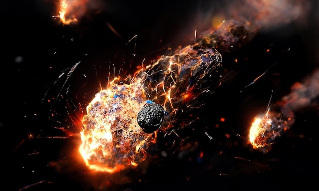 Big meteorite fall on planet Meteorite Explosion of sparks and fire Blast wave of big bang from collision of meteorite Black galaxy background 3d render