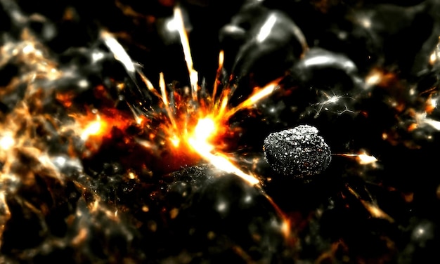 Big meteorite fall on planet Meteorite Explosion of sparks and fire Blast wave of big bang from collision of meteorite Black galaxy background 3d render