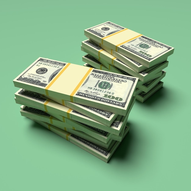 Big money stacks from dollars Dollar finance conceptual 3d rendering