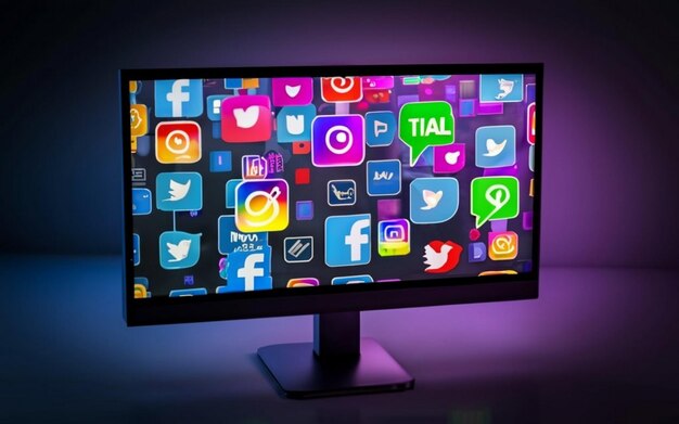 Big monitor screen with various social media Icons displayed on it