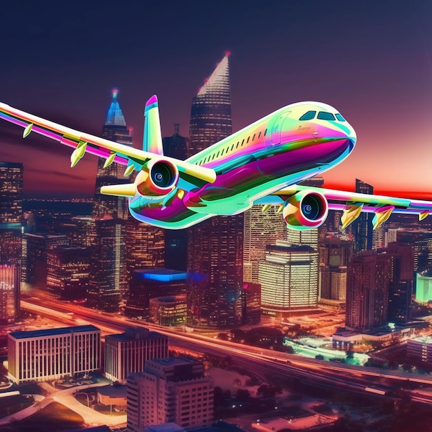 a big neon colored airplane over a beautiful city skyline