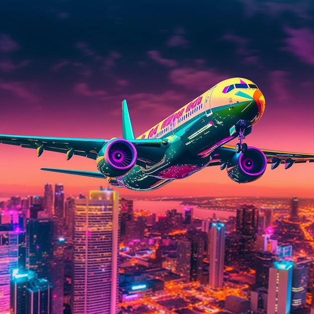 a big neon colored airplane over a beautiful city skyline