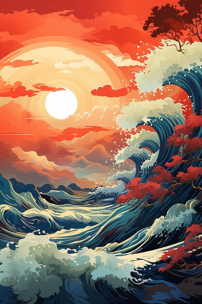 big ocean wave with sun poster in japanese style illustration