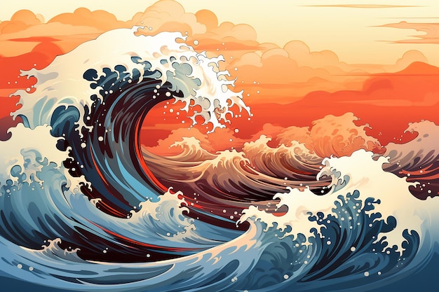 big ocean wave with sun poster in japanese style illustration