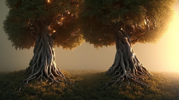 Big old fairy tree the trunk of a centuriesold tree of twining roots at sunset 3d illustration