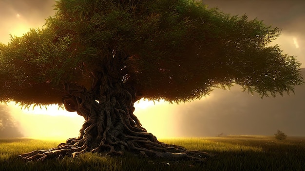 Big old fairy tree the trunk of a centuriesold tree of twining roots at sunset 3d illustration