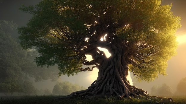 Big old fairy tree the trunk of a centuriesold tree of twining roots at sunset 3d illustration