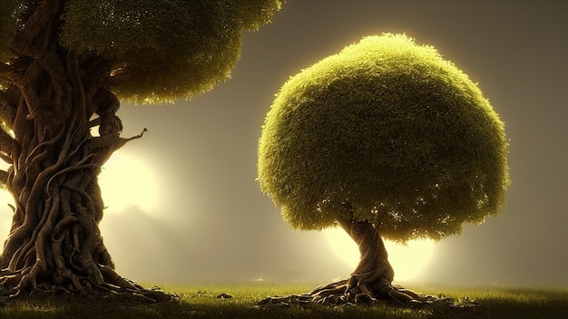 Big old fairy tree the trunk of a centuriesold tree of twining roots at sunset 3d illustration