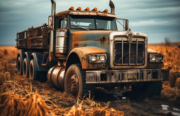 big old rusty truck and engine in field