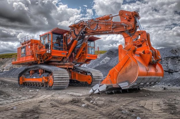 big orange digger on gravel heap with big shovel