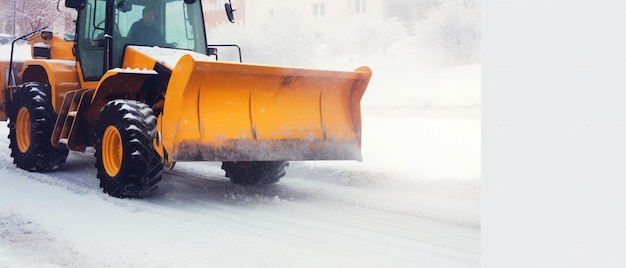 Big orange tractor cleans up snow from the road and loads it into the truck Cleaning