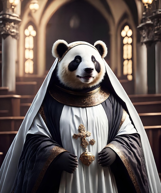 Big panda as a priest at the church generative art by AI