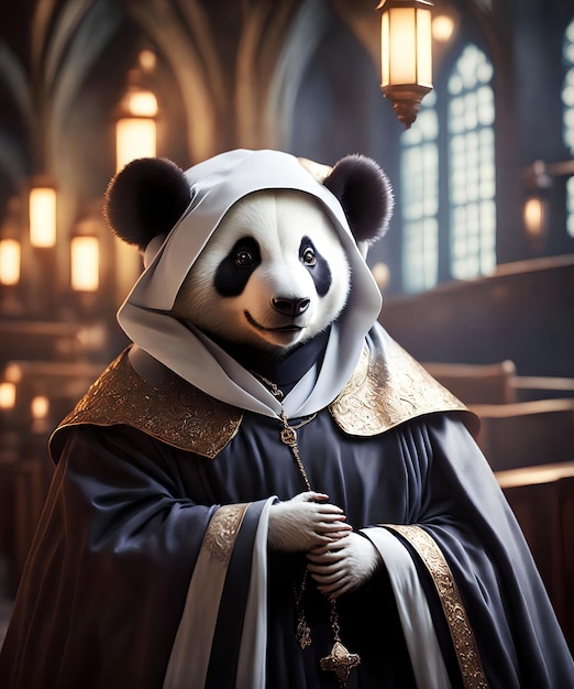 Big panda as a priest at the church generative art by AI