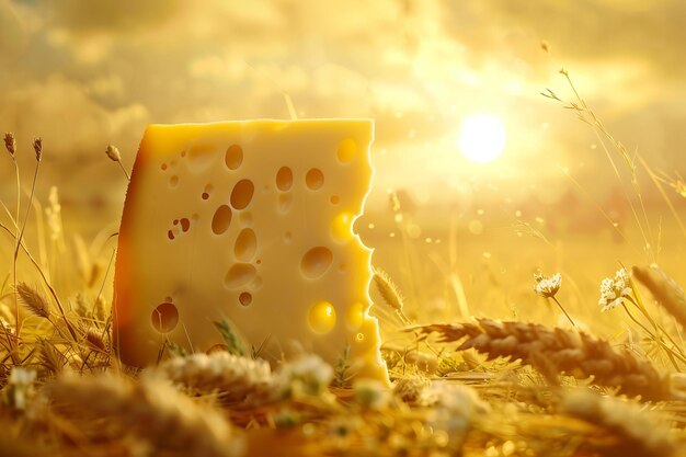 Big piece of swiss cheese standing in a field of wheat at sunset