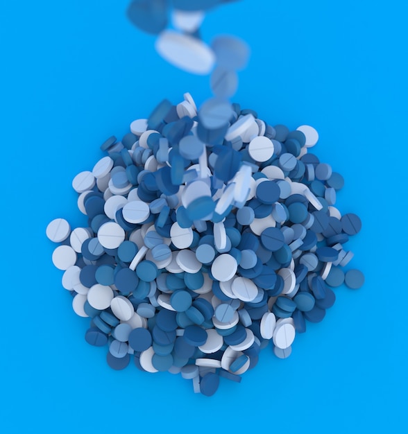 Big pile of blue pills on blue background close up, 3d illustration