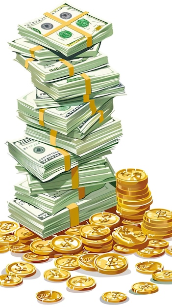 Big pile of cash money and some gold coins illustration on white background ar 916 style raw Job ID