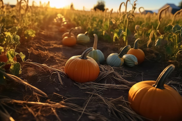 Big pile of small pumpkins on the field