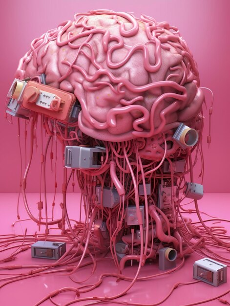 Big pink human brain with many audio jack cables plugged in this barin 3d render AI Generative