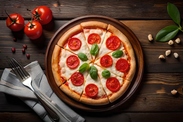 A Big Pizza on a black wooden table