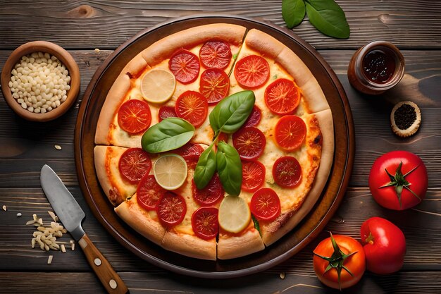 A Big Pizza on a black wooden table